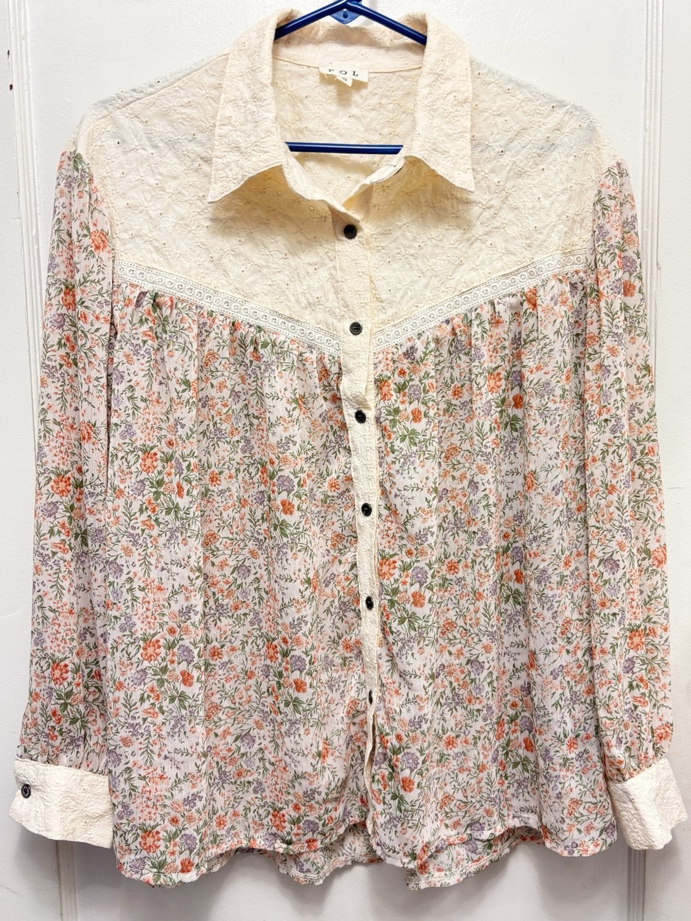 POL Eyelet/Lace Prairie Bohemian Sheer Floral Blouse Size Small